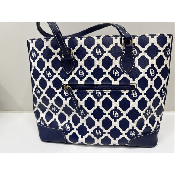 Dooney & Bourke DB Navy Blue White Shoulder Handbag Bag Tote Purse Zip Pockets - Picture 13 of 16